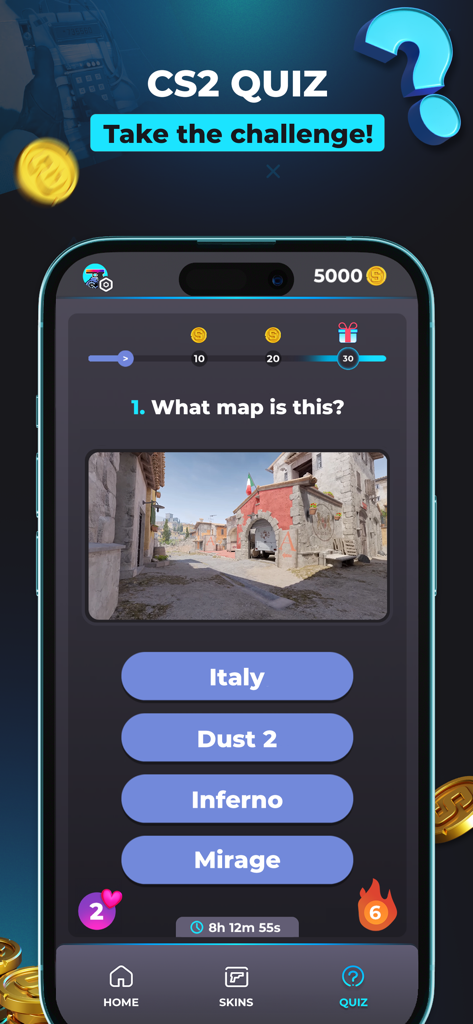 SkinApe CS2 app showing a map identification quiz to earn reward coins