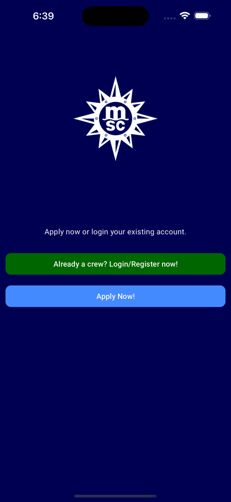 MSC Crewing Services - Welcome screen of the MSC Crewing Services app for seafarers featuring login and apply buttons.