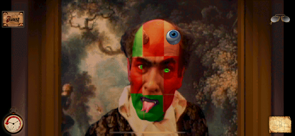 Distorted portrait puzzle gameplay in The 7th Guest Remastered showing a surreal face with green and red squares