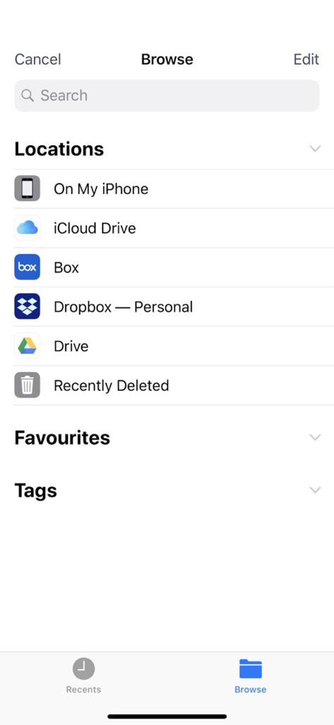 Explorador de archivos de la aplicación Glovius que muestra ubicaciones de almacenamiento como iCloud y Dropbox