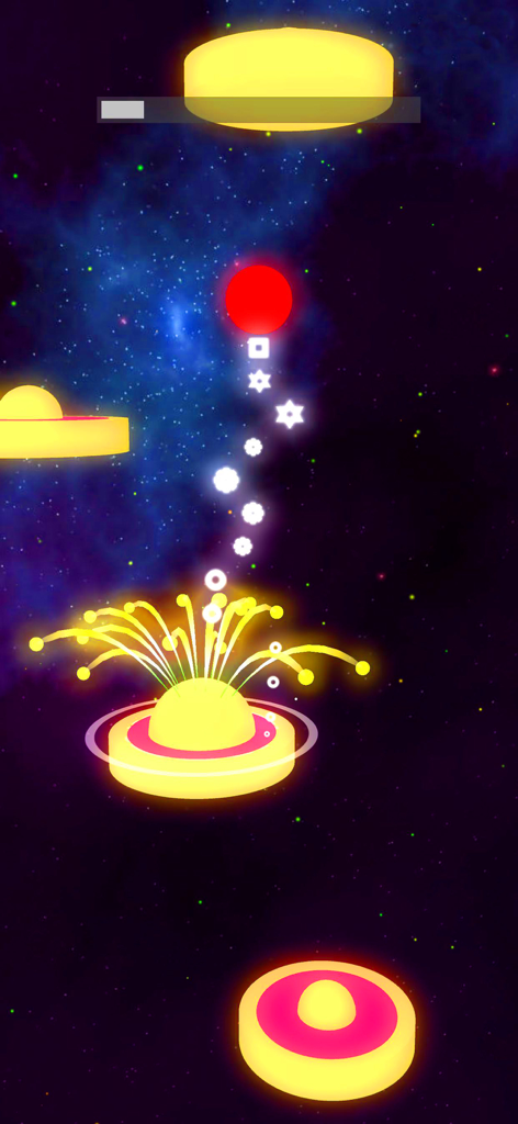 Jump Ball - Tiles Hop Ball - A red ball jumping on glowing neon platforms in a space-themed music rhythm game.