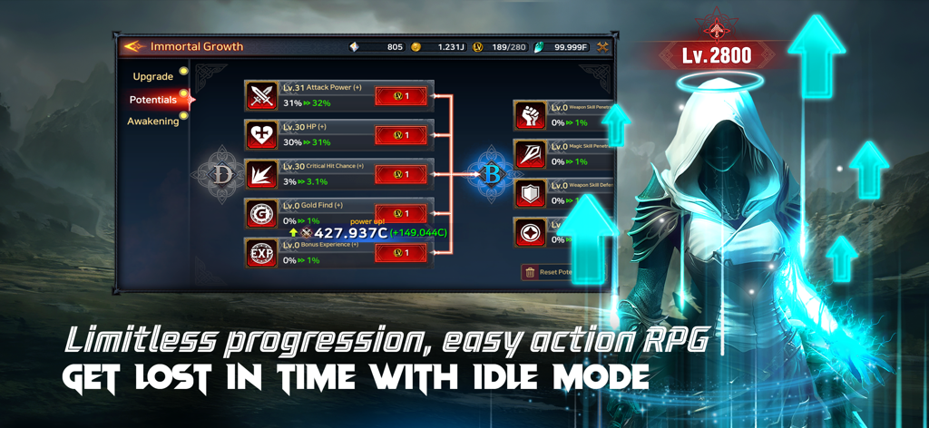 Immortal Rising 2 UI, die das Potenzial-Wachstumsmenü des Charakters und die Status-Upgrades zeigt
