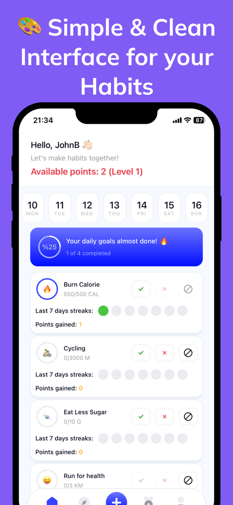 Habit Simple: Habitify Tracker - Habit Simpleアプリのクリーンなユーザーインターフェース。毎日の習慣追跡の進捗と報酬のためのダッシュボードを表示
