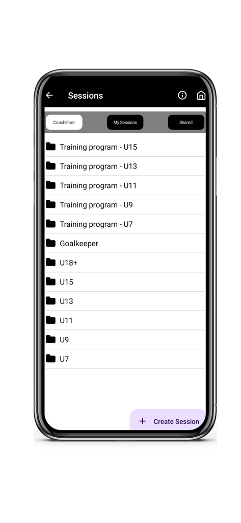 Coachifoot Soccer Drills - Lista de programas e sessões de treinamento de futebol organizados por faixa etária no aplicativo Coachifoot.