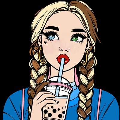 realistic girl with braided hair drinking boba
