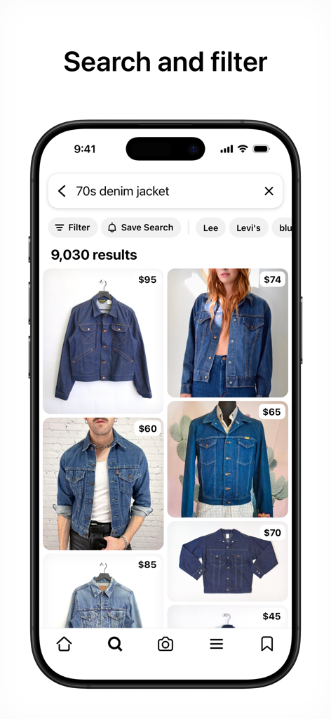 Gem - Search Vintage - A search result page for a 70s denim jacket in the Gem vintage fashion app showing prices and filters
