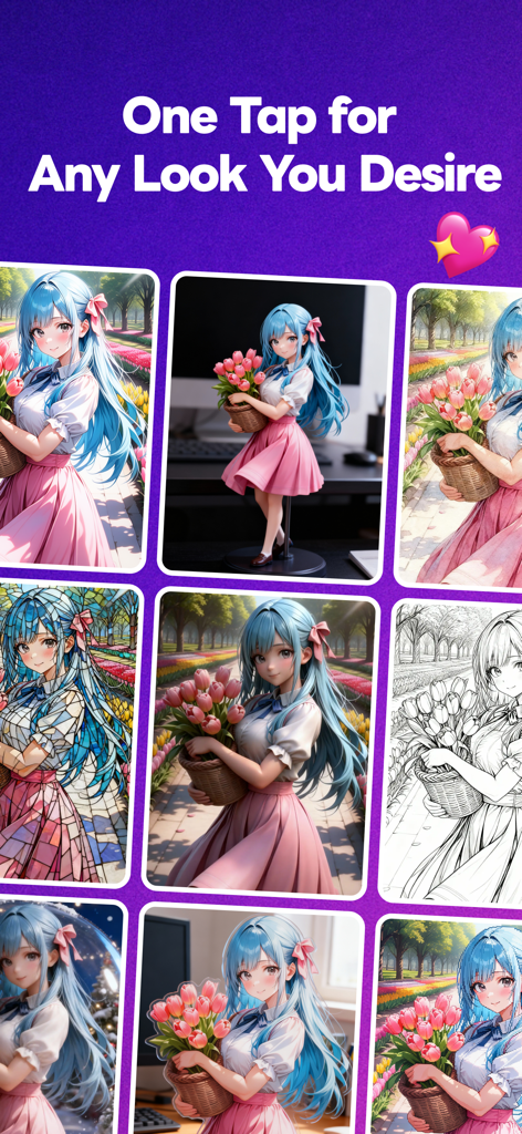 Una colección de imágenes de personajes de anime generadas por IA que muestran diferentes estilos artísticos como modelo 3D, boceto y vidriera.