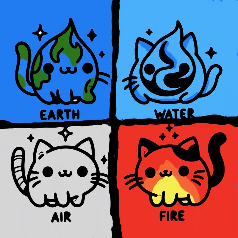 4 cats that represent the different elements, earth, water, air, and fire