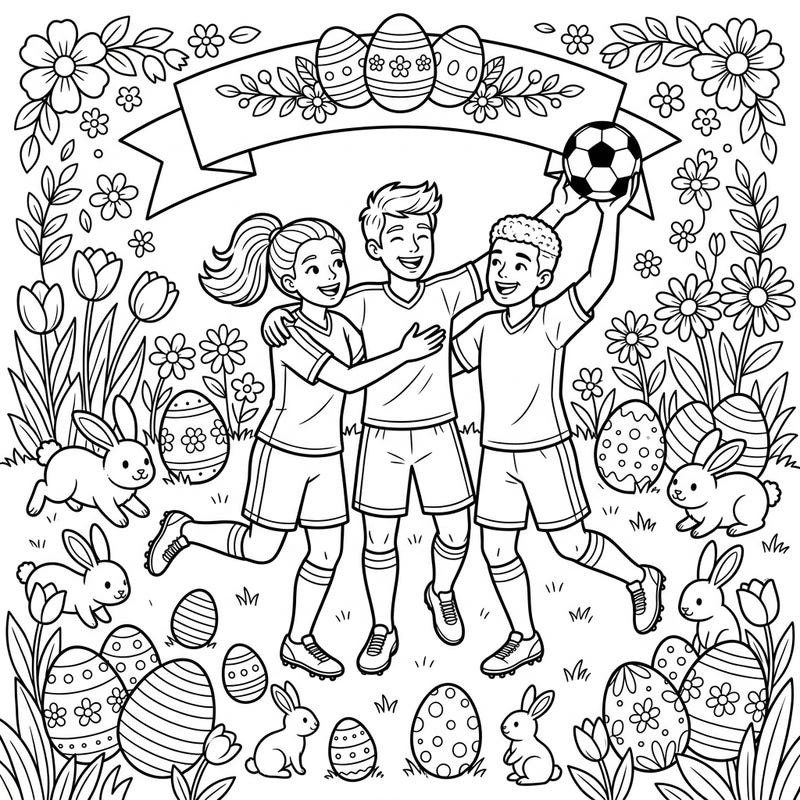 Get ready for a winning combination of soccer excitement and Easter joy with this delightful coloring page. Young midfield players celebrate their love for the game amidst a festive springtime scene of decorated eggs, playful bunnies, and blooming flowers, perfect for kids aged 4-8.