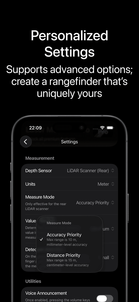 Laser Measure - High Precision - Interface showing measurement settings for accuracy and distance priority in the Laser Measure app