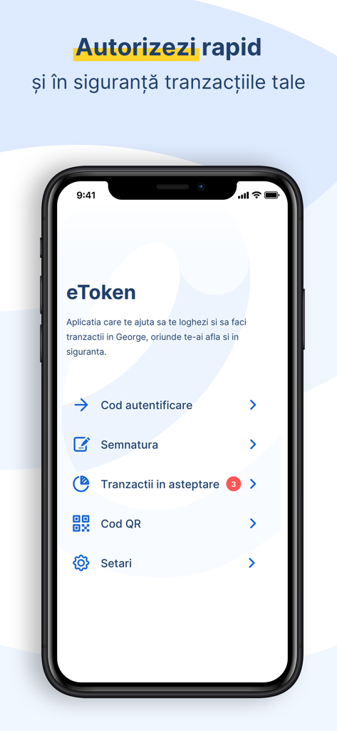 Main menu of the eToken BCR mobile app for secure banking authorization