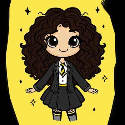 girl with curly hair and hogwarts uniform