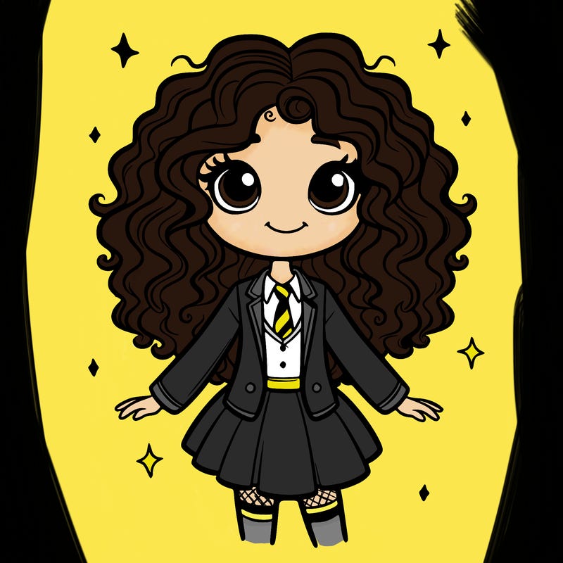 girl with curly hair and hogwarts uniform