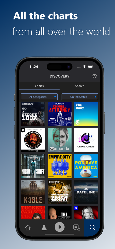 Pantalla de descubrimiento de la app Procast mostrando una cuadrícula de gráficos de podcasts populares de Estados Unidos.