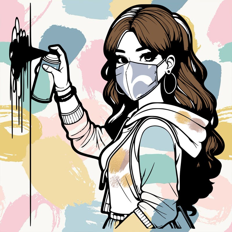 realistic girl with mask spray painting a wall