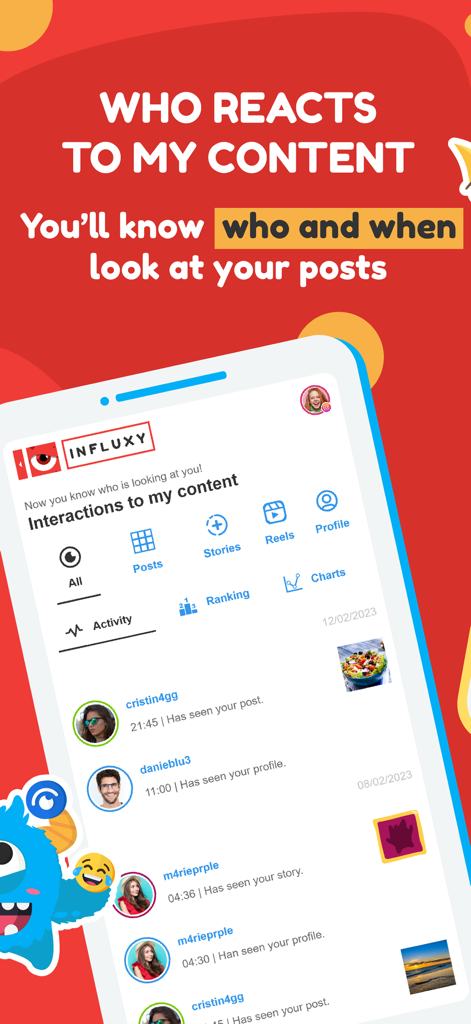 Influxy app screen showing details of who viewed posts and stories on social media
