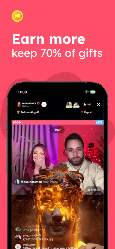favorited - Interface de l'application Favorited montrant un combat de créateurs en direct et un titre annonçant la conservation de soixante-dix pour cent des cadeaux