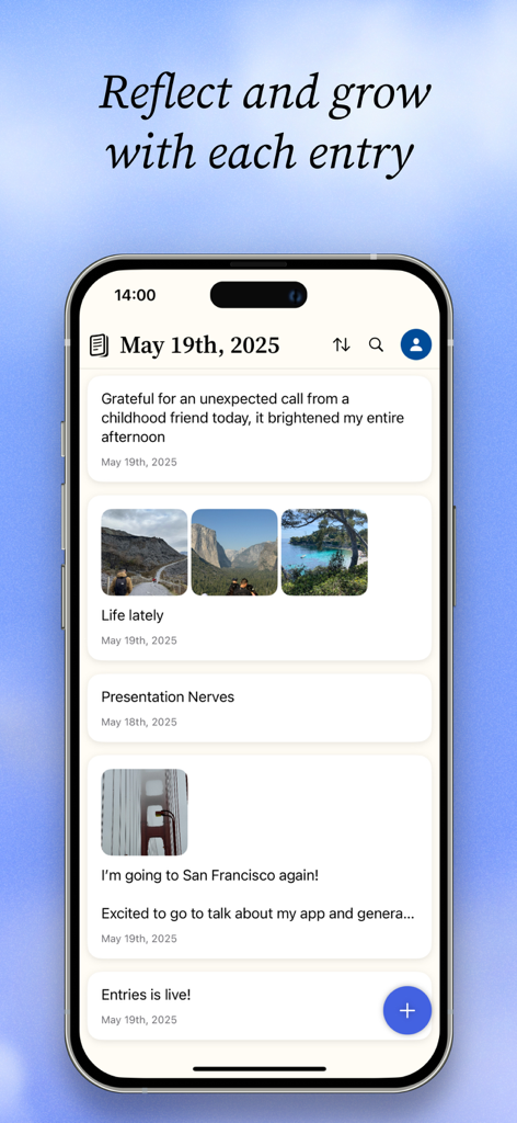 Entries: AI Journal & Diary - A mobile app interface showing a chronological list of journal entries with text and photos.