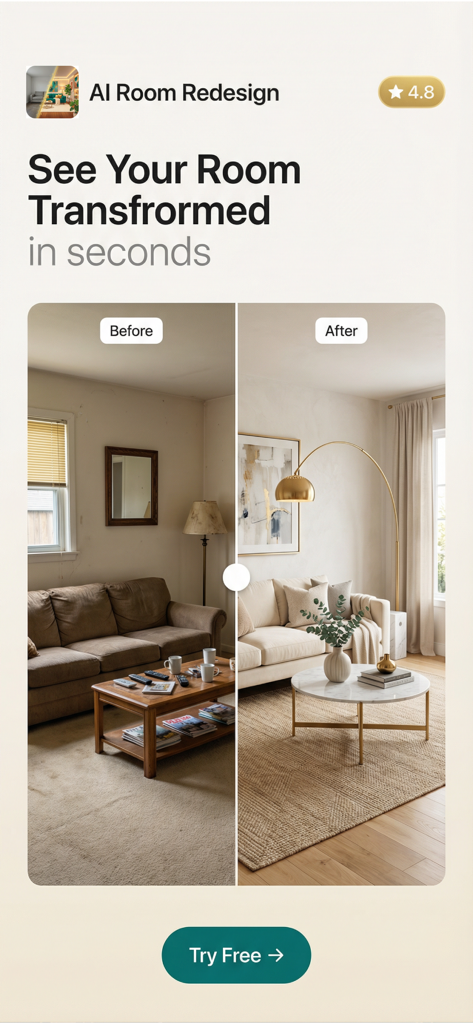 AI Room Design: Home Redesign - Comparación de antes y después de una sala de estar rediseñada con tecnología de diseño de interiores con IA