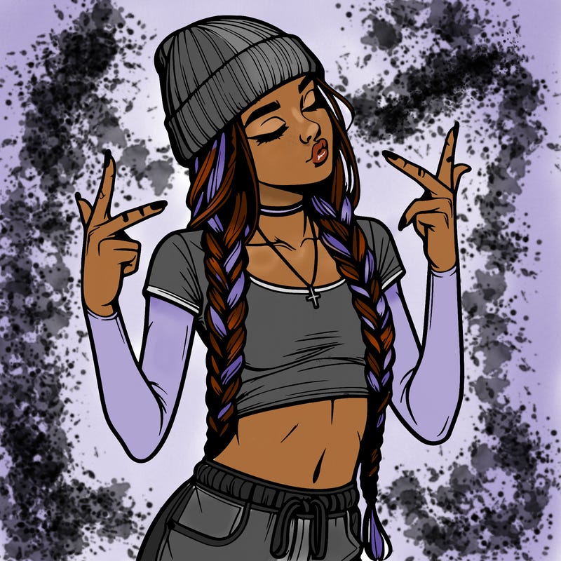 realistic teenage girl with braids and a beanie and crop top doing 🫶🏼
