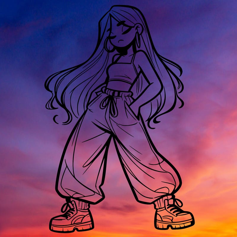 girl in baggy pants crop top and long hair
