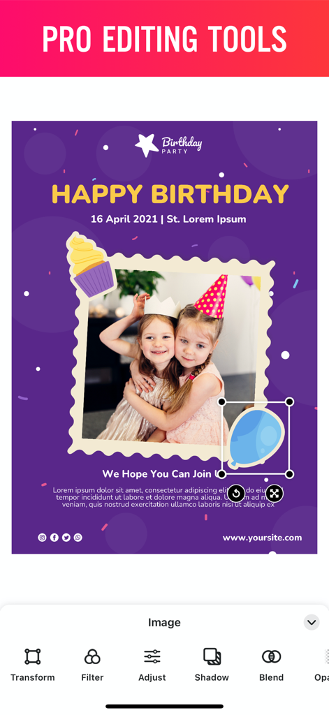 TextArt - Text on Photo Editor - TextArt app interface showing a birthday invitation design with pro editing tools and photo overlays