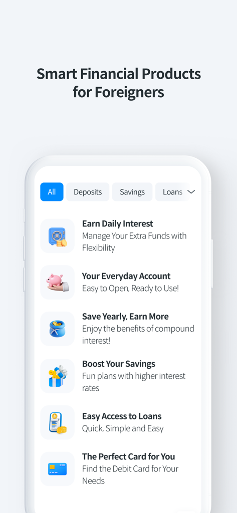 Bravo Korea 앱 화면. 저축 계좌, 대출, 직불 카드 등 외국인을 위한 스마트 금융 상품이 표시됩니다.