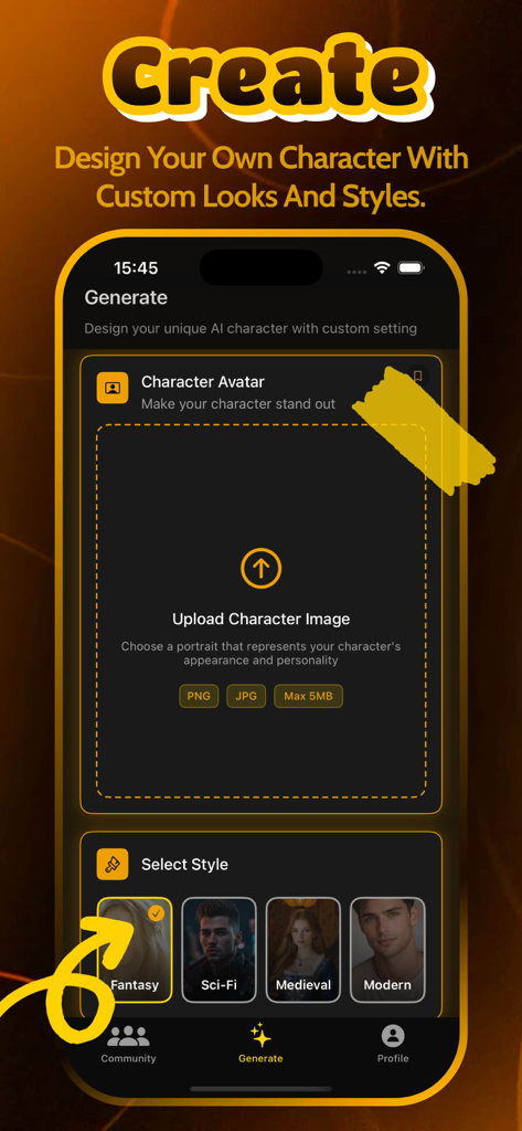 Fitio - Chat, Message - Fitio app interface for designing custom AI characters with style selection