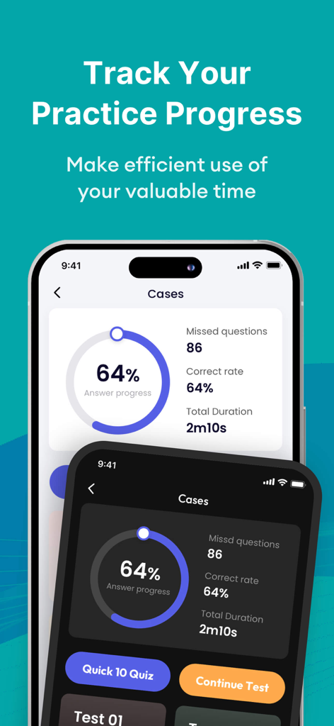Medical Coding Exam Prep 2026 - Interfaz que muestra estadísticas de progreso de estudio y seguimiento del rendimiento del examen en modos claro y oscuro.