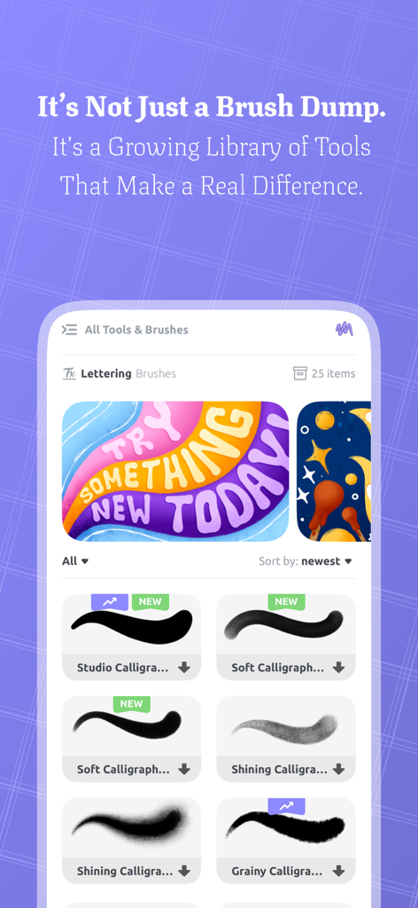 Tools & Brushes for Procreate - Una captura de pantalla de la aplicación Rococo que muestra una biblioteca curada de pinceles de lettering y caligrafía para Procreate.