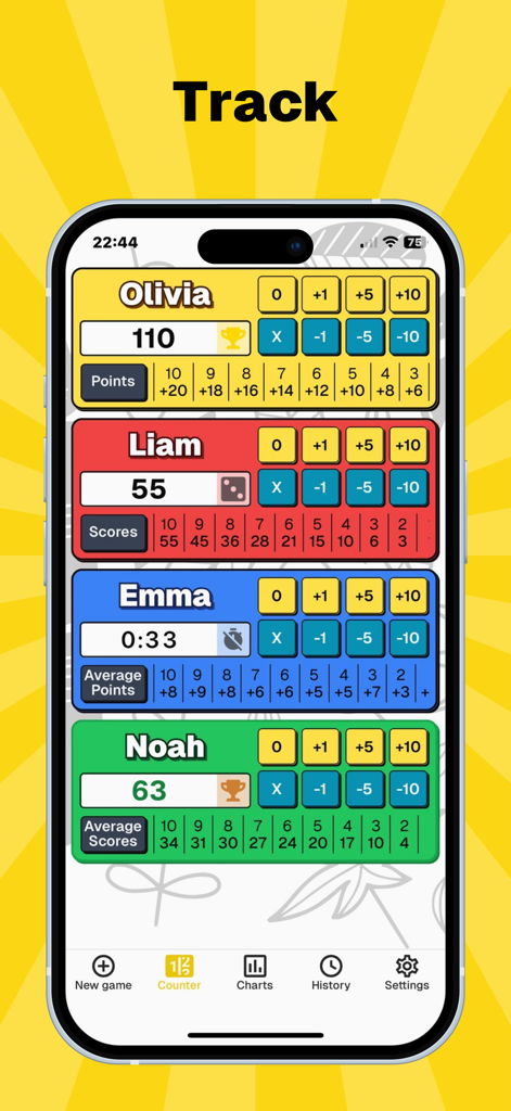 MyScoreTracker – Score Counter - MyScoreTracker app score tracking interface for multiple players with color coded counters