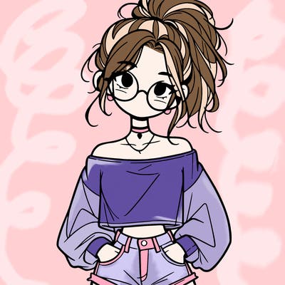 girl with a messy ponytail glasses a baggy crop top and jean shorts