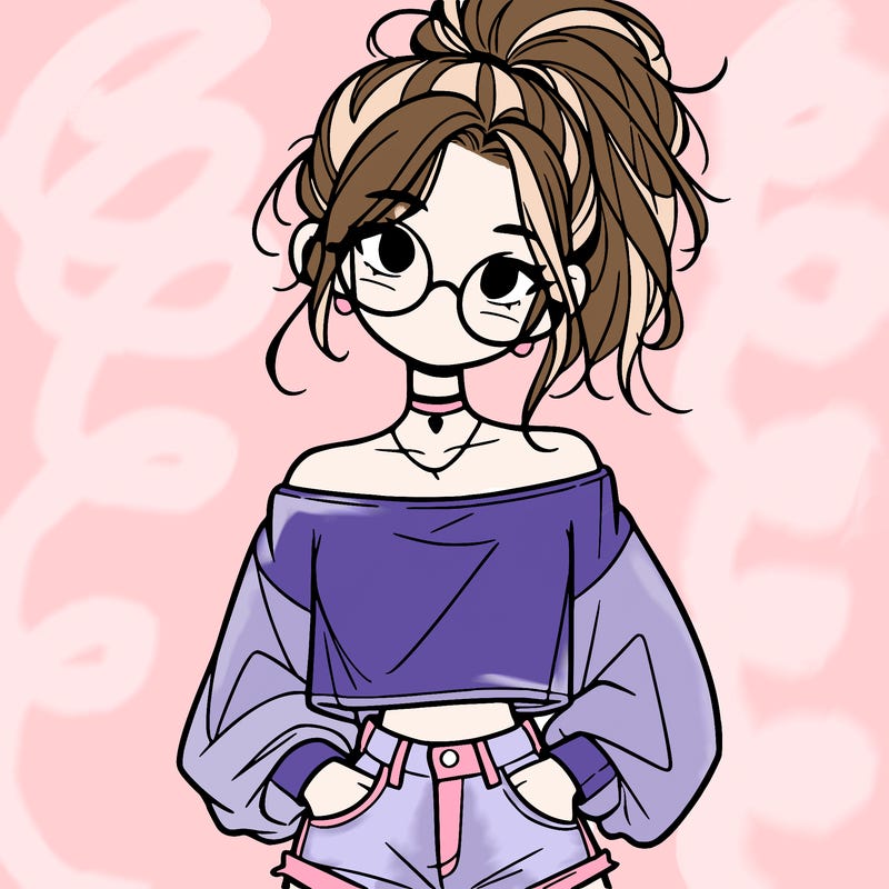 girl with a messy ponytail glasses a baggy crop top and jean shorts