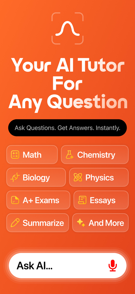 Gauss AI tutor app screen showing options for math chemistry biology physics and essay writing help