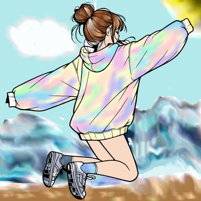 realistic girl jumping with a bun and oversized sweatshirt