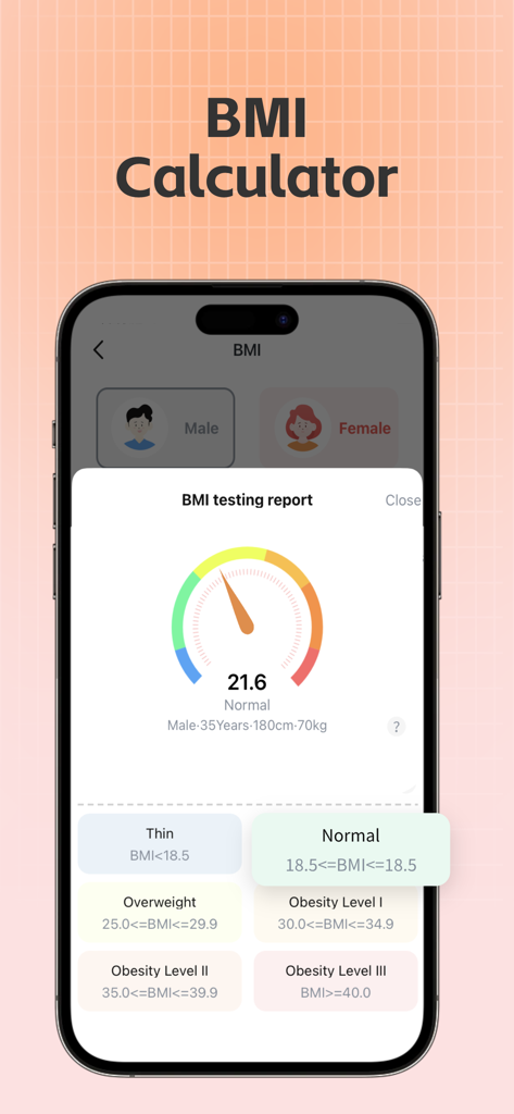Heart Rate Monitor-Tracker - Interfaz de la aplicación Monitor y Rastreador de Ritmo Cardíaco que muestra un informe de prueba de IMC con un indicador de resultado normal y categorías de clasificación de peso.