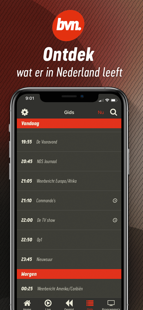 Screenshot of the BVN Live app showing a Dutch television program guide for international viewers.