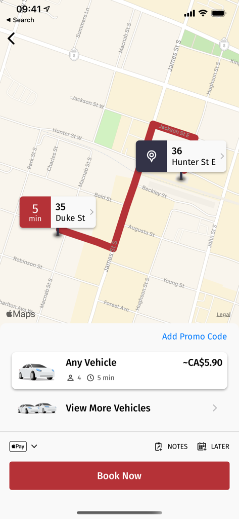 Hamilton Cab mobile app interface showing a map with a route from Duke Street to Hunter Street with an estimated fare of CA$5.90 and a red Book Now button.