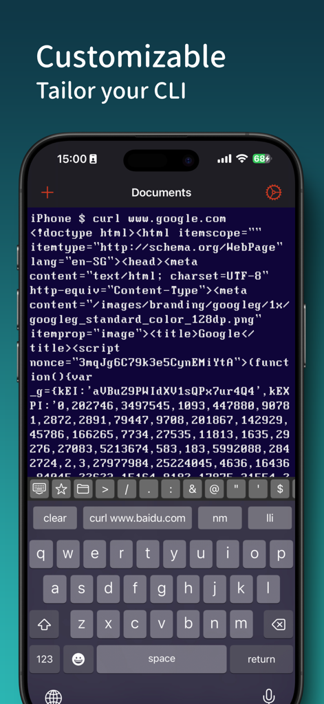 OpenTerm app on iPhone showing a customizable command line interface with curl command output
