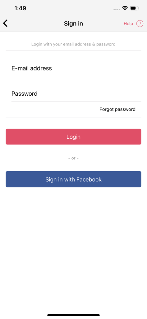 Anmeldebildschirm der SalonAppy-App mit E-Mail- und Facebook-Anmeldeoptionen