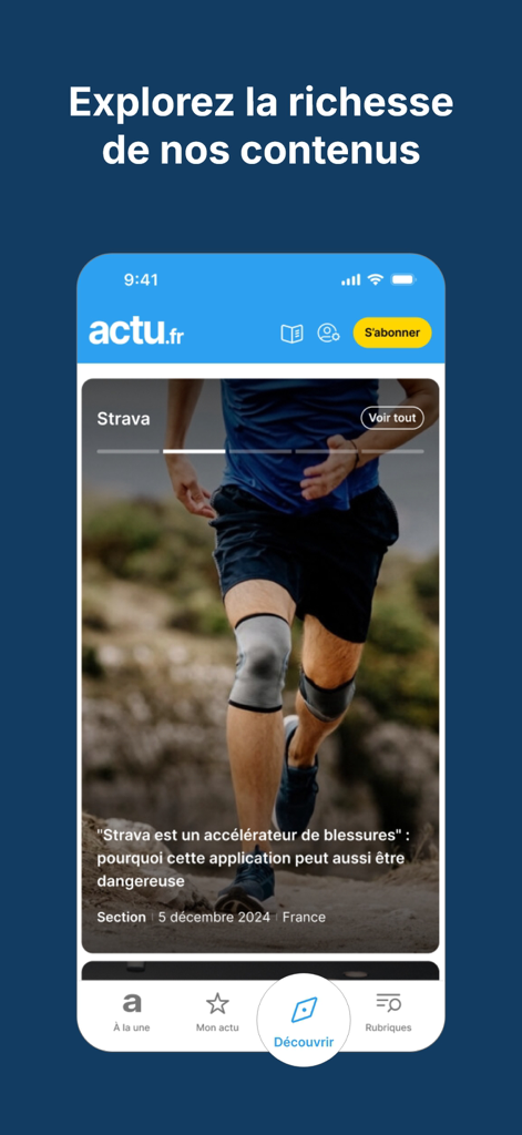 Actu - La schermata Discover dell'app Actu che mostra una notizia regionale francese su sport e corsa
