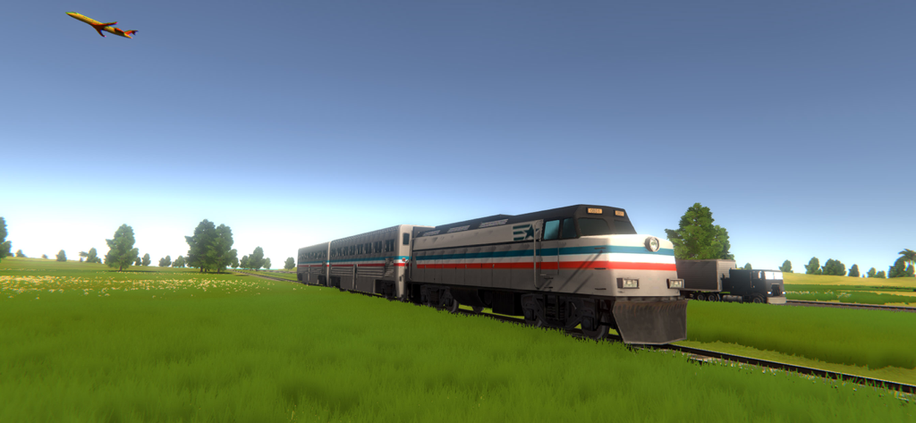 Ocean Is Home 2: Island Life - A passenger train traveling through a green field in the game Ocean Is Home 2