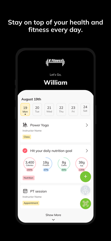 K Fitness - K Fitness app dashboard showing a daily fitness schedule with nutrition goals and personal training appointments