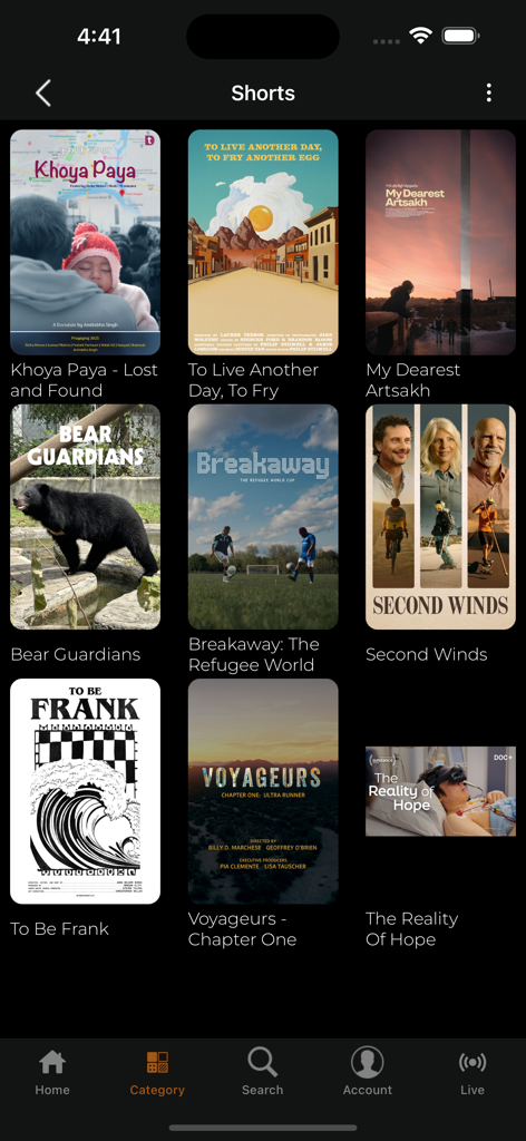 Interface of the DOCUMENTARY plus app showing the Shorts category with various documentary film posters.