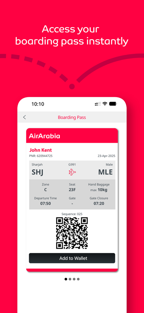 Carte d'embarquement numérique sur l'application Air Arabia montrant les détails du vol et un code QR pour l'enregistrement
