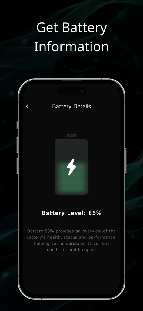Battery Health - Charge Saver - iPhone screen displaying Battery Health Charge Saver app with an 85 percent battery level and charging status