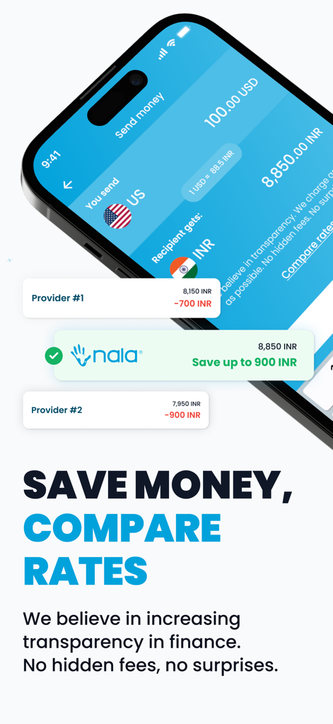 NALA Send Money Globally - NALA app interface comparing money transfer rates from USD to INR against other providers to show savings