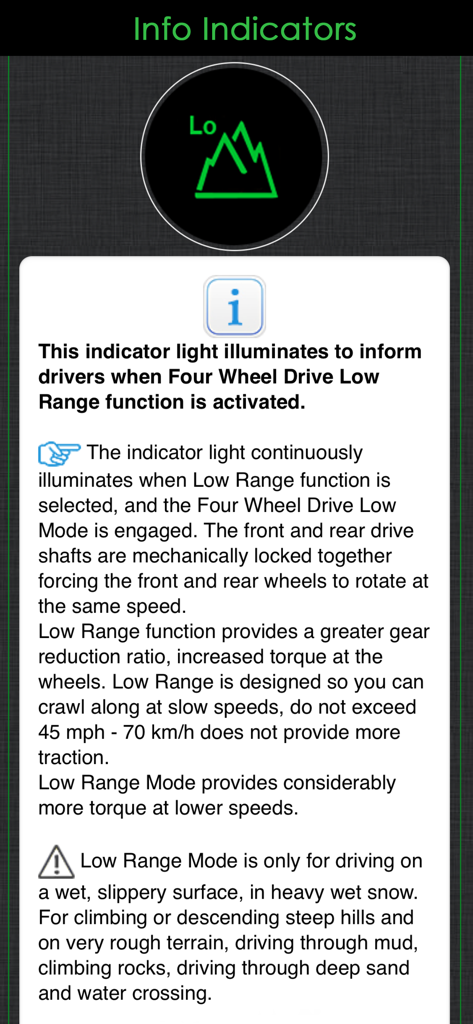 Land Rover Warning Lights Info - Detaillierte Erklärung der Warnleuchte für den Vierradantrieb im Untersetzungsgetriebe ("Four Wheel Drive Low Range") auf dem Armaturenbrett eines Land Rover.