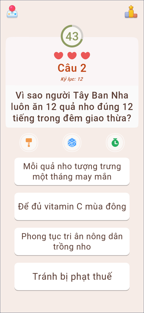 Đố Vui Hại Não - Siêu Trí Tuệ - Vietnamese trivia quiz game screen with multiple choice options