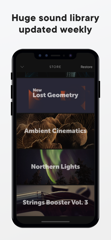 A mobile phone showing the Blocs Wave sound library store with various genre-based sound packs like Lost Geometry and Ambient Cinematics